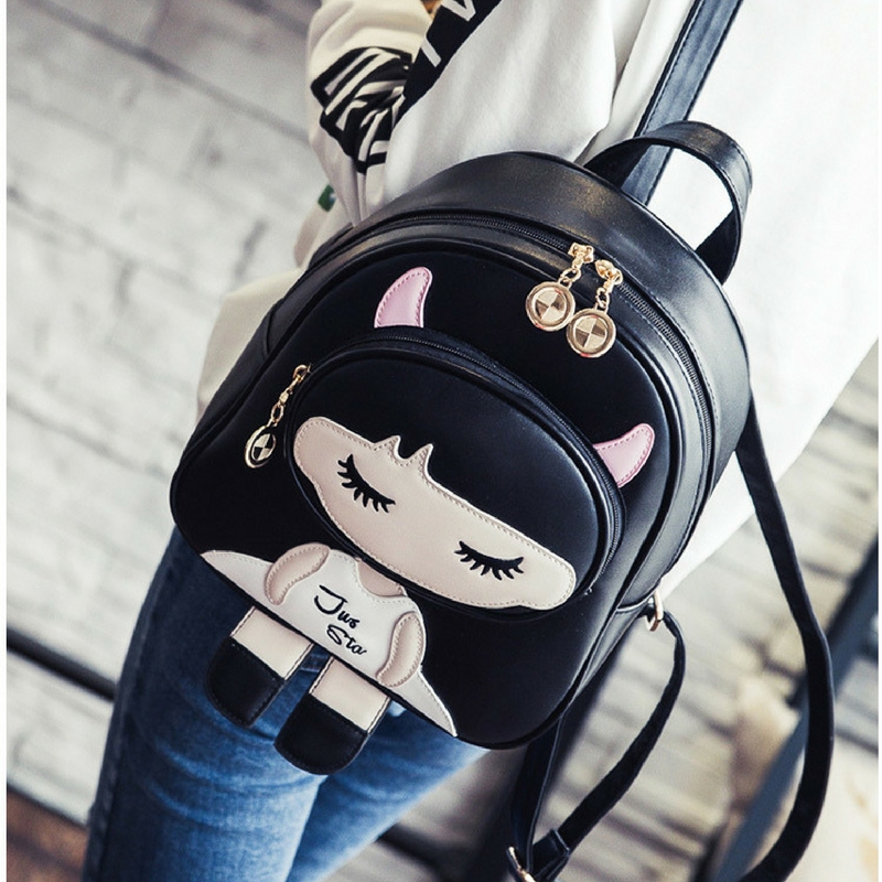 Cute Cartoon Girl Black Mini Leather Backpack - Asia Emarket